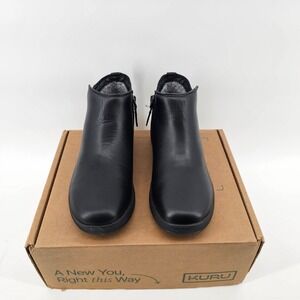 Kuru Tempo Ankle Boots Women 7 Jet Black Leather Orthopedic Support Side Zip NIB